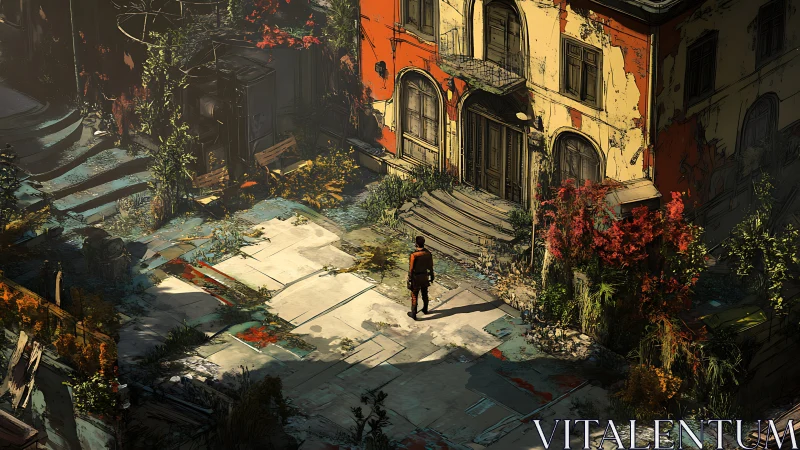 Lone wanderer studies sunlit ruins of overgrown villa.