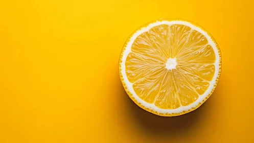 Half lemon on solid yellow background in sharp closeup.