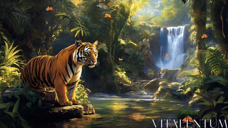 Majestic tiger pauses beside a sunlit jungle waterfall.