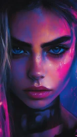 Female digital portrait under neon magenta and blue lighting.