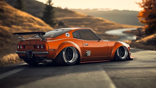 Sunlit orange classic race car relaxes on a winding road