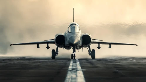 Sleek fighter jet poised on the runway in misty sunrise light.