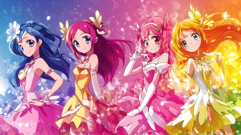Rainbow quartet of magical girls ignite a sparkling aurora.