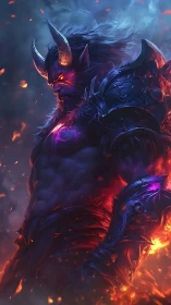 Digital painting of infernal horned warrior in ember-lit armor.