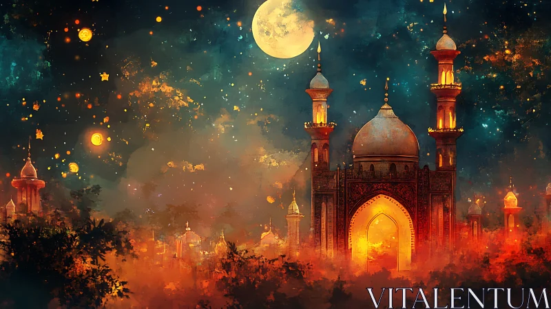 Moonlit fantasy palace glows above a misty celestial city.