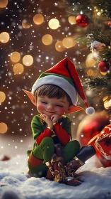 Small Christmas elf sits in snow beside decorated tree