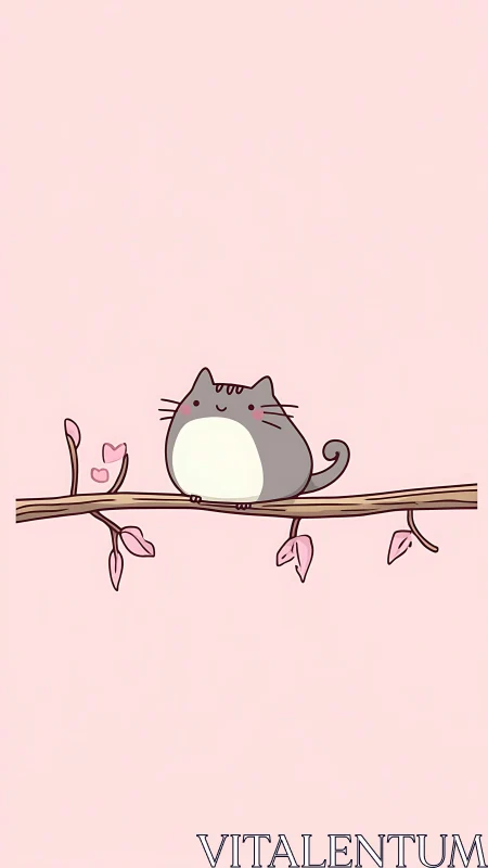 Chubby Cat Perches on Branch, Cradling Hearts Against Soft Pink