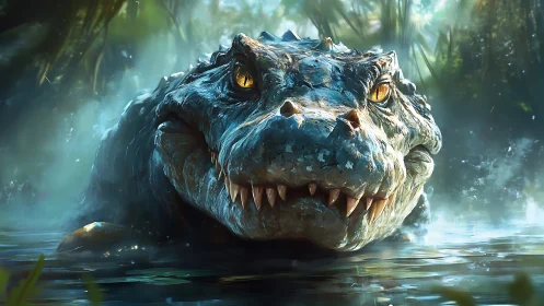 Crocodilian head emerging from misted swamp water surface.