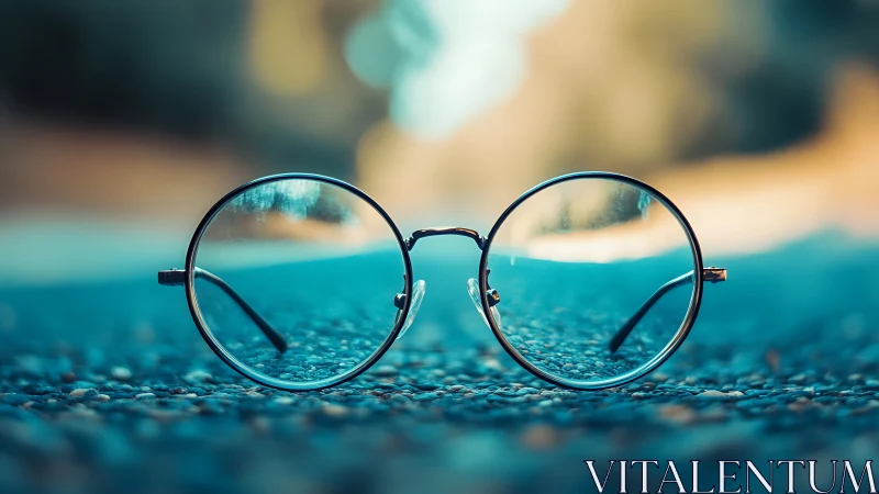 Round eyeglasses on textured ground with shallow focus depth.