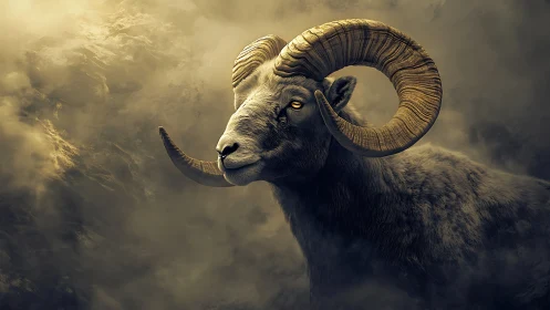 Golden-eyed mountain ram watching over stormy clouds.