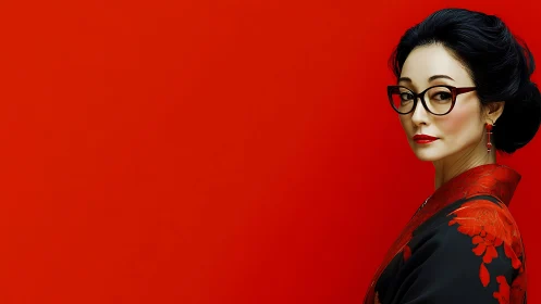 Woman in red and black kimono against vivid red background.