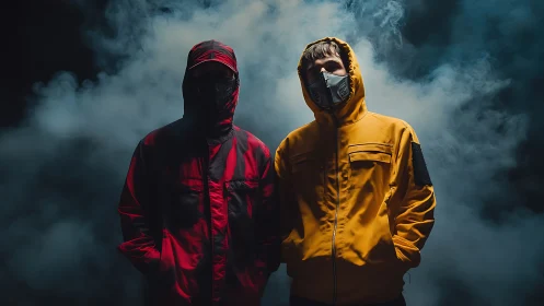 Hooded street figures in smoke with red and yellow jackets.