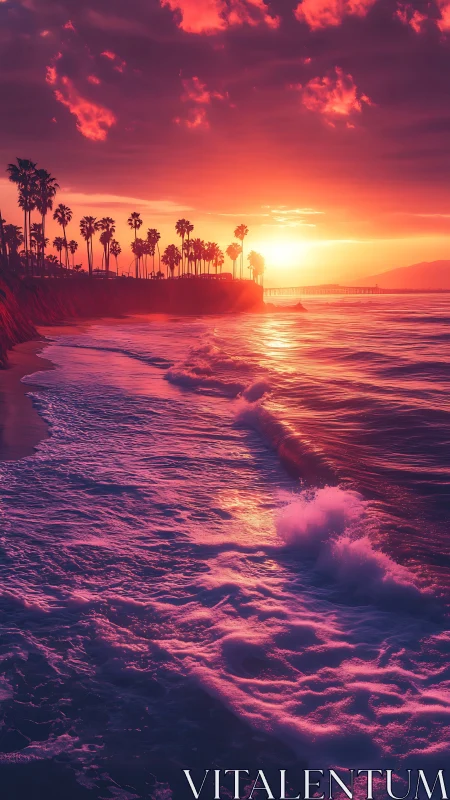 Digital painting sunset seascape with neon coastal palette.