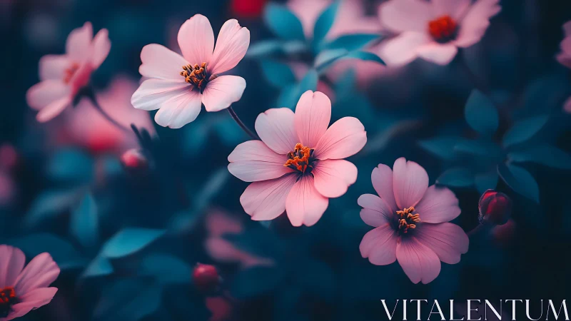 Pink cosmos flowers with dark teal foliage background.