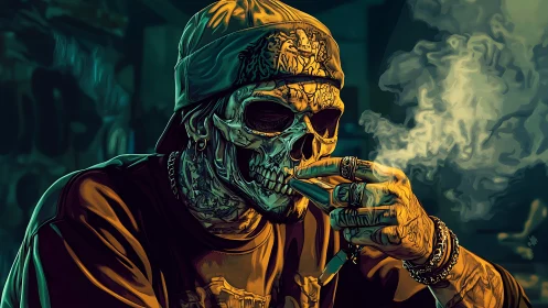 Tattooed skeletal smoker in teal and amber digital glow.