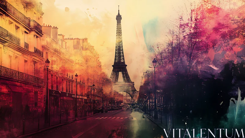 Urban Paris street with Eiffel Tower and color overlay.