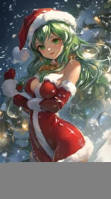 Festive green haired girl in Santa outfit glows in snow