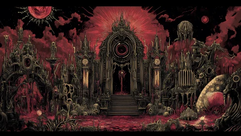 Crimson hellscape cathedral crowned by a blood-soaked eclipse.