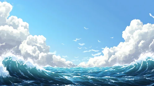 Dynamic ocean waves under bright sky and towering clouds.