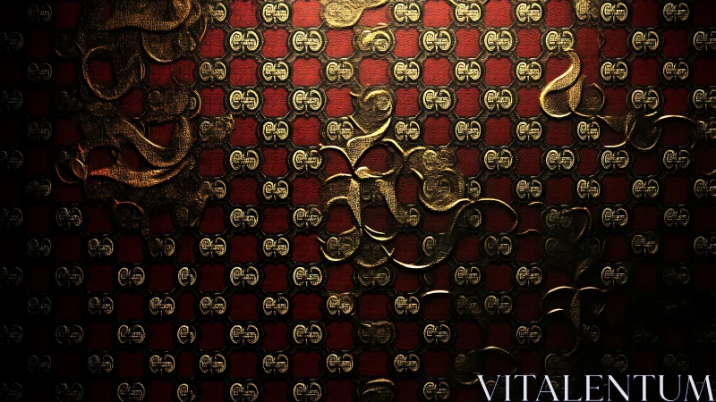 Metallic gold swirls overlay repeating red and gold pattern