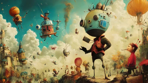 Whimsical robots and child in floating steampunk city.