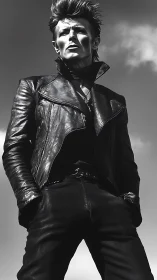 Monochrome low angle portrait of person in leather outfit.