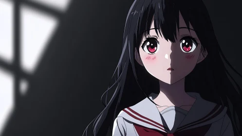 Quiet corridor moment with a wide-eyed anime schoolgirl.