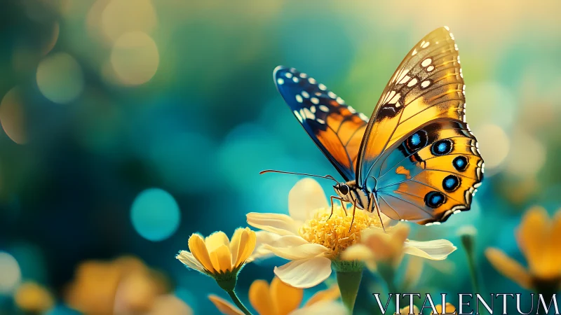Butterfly rests on yellow flower against defocused teal background