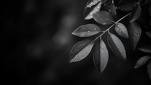 Monochrome photograph records wet compound leaves after rainfall