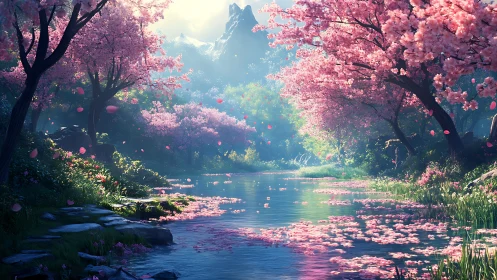 Cherry trees line a reflective river under diffuse spring light