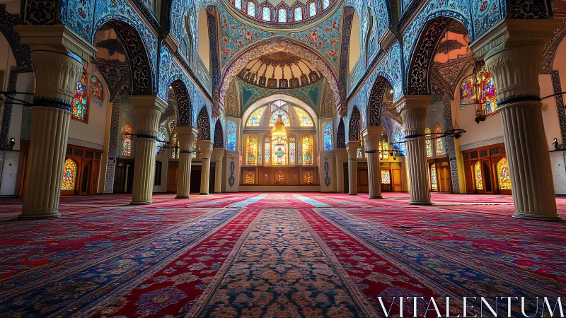 Symmetrical mosque interior with stained glass illumination and ornate vaults.