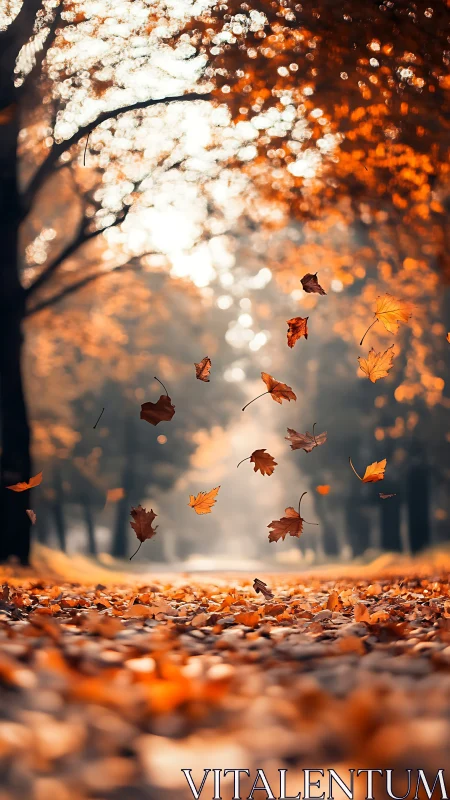 Autumn leaves swirl above golden forest pathway at dusk.