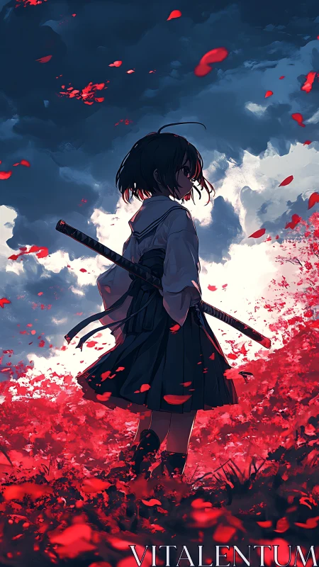 Sword-bearing schoolgirl in red flower field under storm clouds