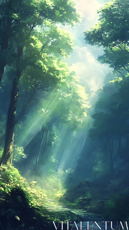 Sunlit Forest Cathedral with Streaming Light