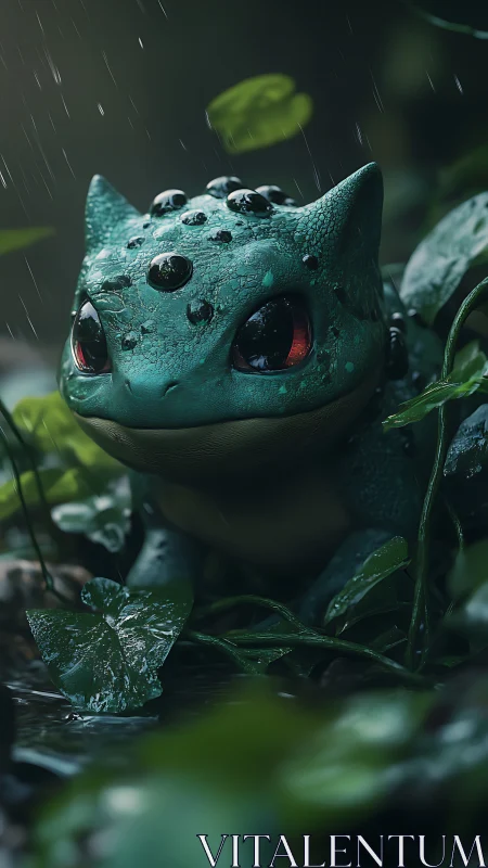 Realistic frog-like creature with glossy wet skin in rain.