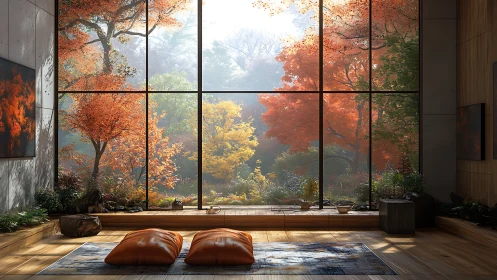 Cozy window retreat opening onto glowing autumn forest.