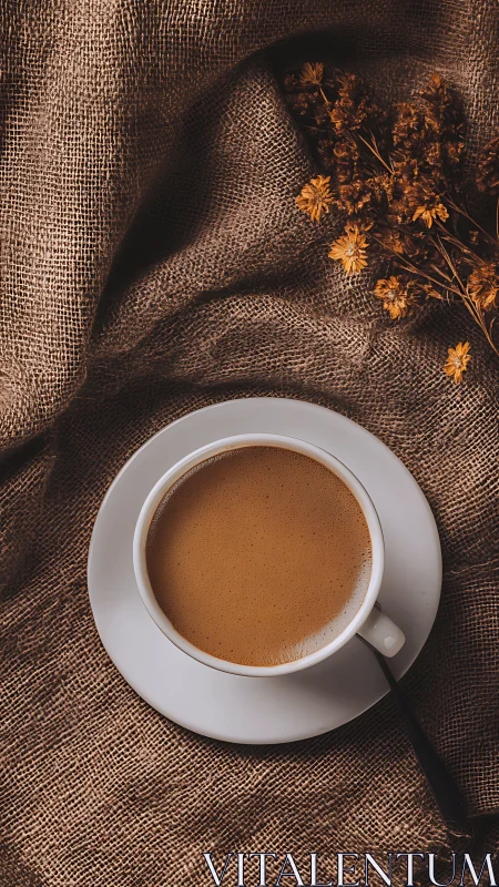 White ceramic coffee cup on burlap fabric with dried flowers.