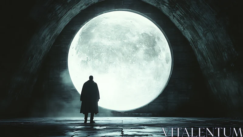Concept art portal with silhouetted figure before luminous moon.