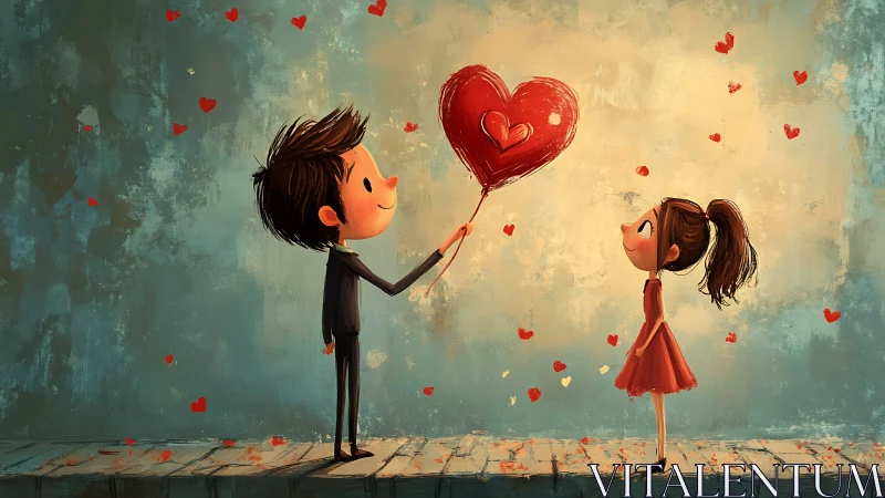 Boy Presenting Heart Balloon to Girl: Digital Illustration.