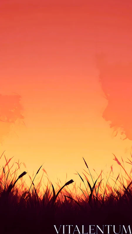 Silhouetted grass lines lower edge under orange gradient sky