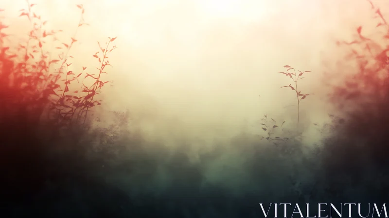 Soft misty field with silhouetted plants at sunrise glow.