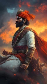 Noble warrior in fiery sunset robes radiating quiet strength.