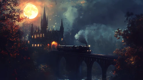 Steam train crossing viaduct near illuminated gothic castle.