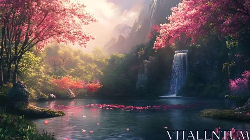 Dreamy pink waterfall grove in a tranquil fantasy valley.
