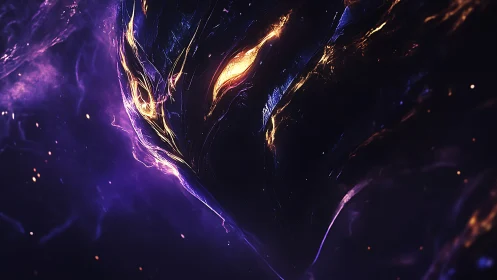 Cosmic dark entity with glowing eyes in purple void.