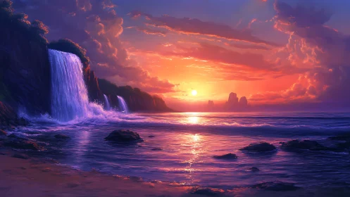 Coastal cliffs with waterfalls under vivid sunset sky.