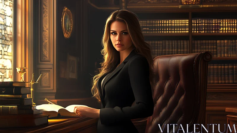 Confident Woman in Elegant Law Library, Realistic Digital Art.