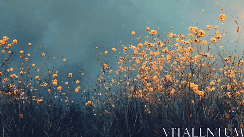 Dense orange wildflowers rendered against cool desaturated sky plane