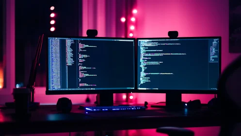 Dual-monitor workstation displays code in low-light office
