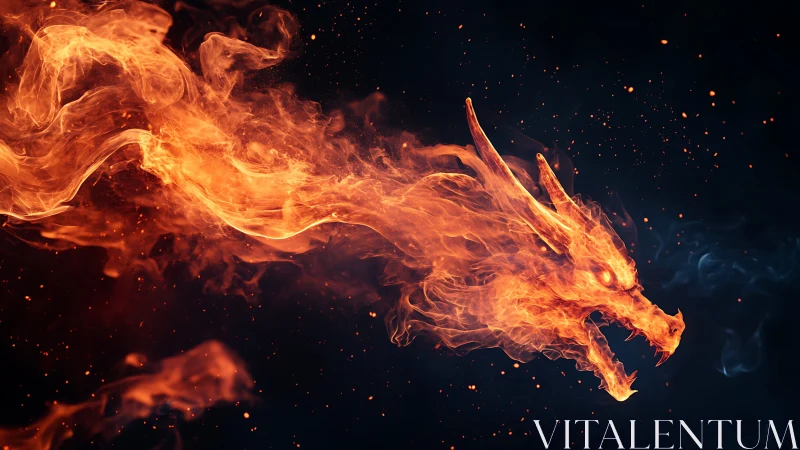 Fiery dragon head emerges from swirling flame stream